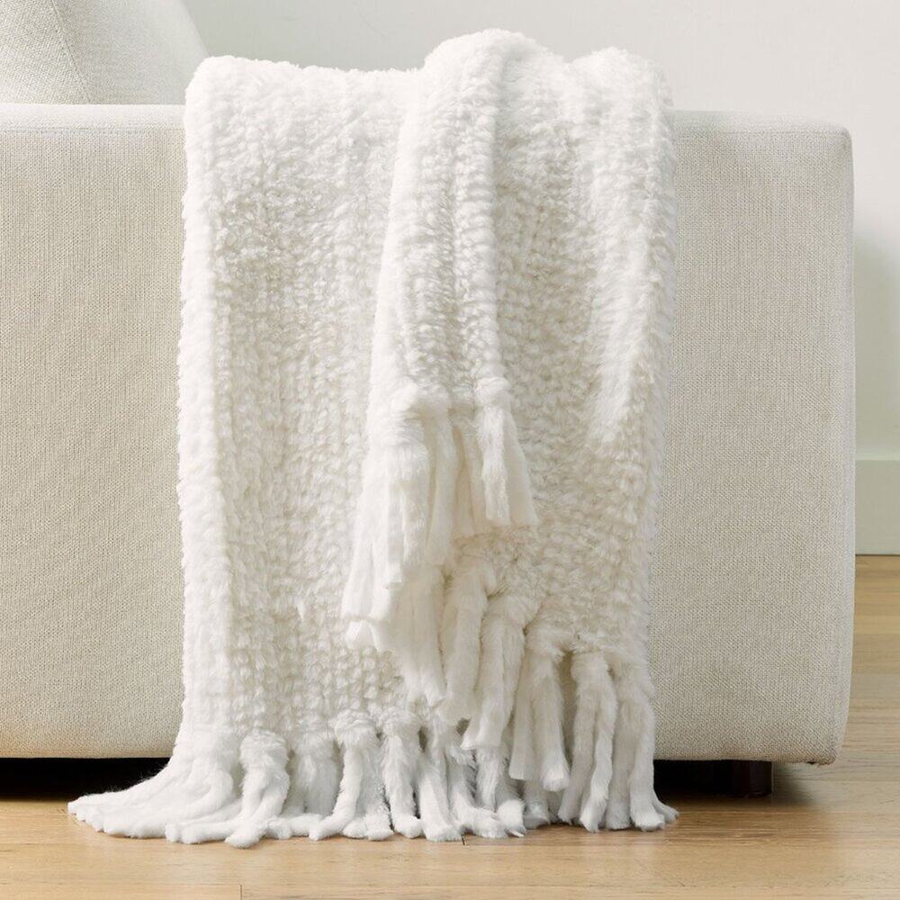 Monique Lhuillier Avryll Faux Fur Throw Blanket White Soft Woven Yarn Dyed NWT